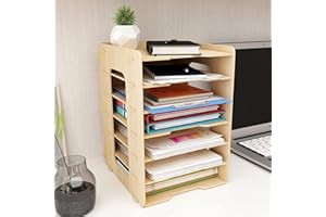 PUNCIA 7 Tiers Lengthways Wood Office Paper Organizer for Desk Desktop File Holder Stackable Letter Tray A4 Paper Sorter Document Book Magazine Mail Storage Shelf Rack Desk Literature Organizer