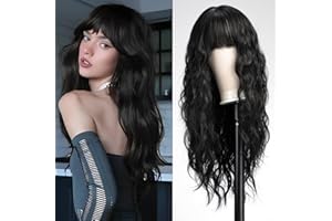 WOKESTAR Długie Falowane Naturalne Czarne Peruki dla Kobiet, Odporne na Ciepło Naturalne Włosy z Grzywką