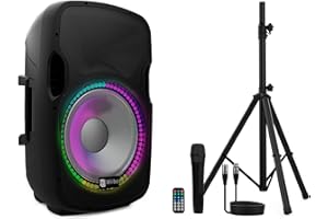WIIBO ACOUSTICS Wiibo - Festa 15BT Altavoz Activo Profesional - con Bluetooth - Conexión USB/SD - Soporte Ajustable - Kit de Cable + Micrófono - Iluminación LED