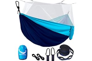NATUREWOOD Hamaca Colgante con Soporte y Mosquitera | para Exterior, Playa, Jardin, Terraza, Camping | Tela de Nylon, Plegable, Fácil Montaje | (255 x 137 cm)