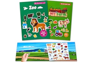 AIRNOGO Gommettes Enfants 2 3 4 Ans 2 Pcs Livre Autocollant Ferme Zoo Animaux, Reutilisable Activite Enfant Autocollant avec Pliable Panorama et PVC Statiques Illustré, Reusable Sticker Book, Idees Cadeaux