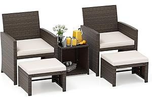 ‎COSTWAY COSTWAY Rattan Gartenmöbel Set, Balkonmöbel, Balkonset inkl. 2 Stühle mit Kissen, Hocker & Tisch, Terrassenmöbel, Gartengarnitur, Sitzgruppe für Garten, Balkon, Terrasse (Weiß)