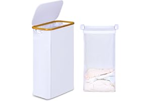 iEGrow Cesto portabiancheria sottile da 60 litri con borsa interna rimovibile, manici in bambù, bianco