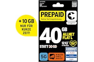 congstar Prepaid ALLNET L SIM-Karte ohne Vertrag I 40 GB Vielsurfer Prepaid-Paket in D-Netz-Qualität I 5G mit 25 Mbit/s + 12€ Startguthaben I Telefonie & SMS Flat in alle dt. Netze I EU-Roaming inkl.