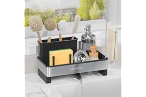 LIONONLY Kitchen Caddy Sink Organiser,Stainless Steel Sponge Holder with Auto Drain Tray, Detachable Towel and Brush Holder,Countertop Sink Tidy Kitchen Organiser