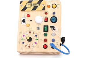 KONIJIWA Busy Board Montessori, zabawka sensoryczna dla niemowląt z 10 przełącznikami i 23 lampkami LED, drewniana zabawka, tor motoryczny dla niemowląt i małych dzieci, od 1, 2, 3, 4 lat, dla chłopców i