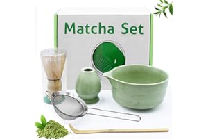 Druuzyl 5 piezas cuenco de cerámica matcha, cuenco matcha, batidor matcha, espátula y escobillero matcha,Colador para la ceremonia del té
