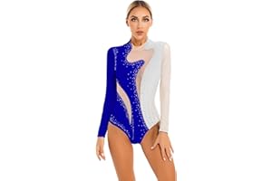 Mufeng Damen Turnanzug Langarm Gymnastikanzug mit Strass Glitzer Akrobatik Anzug Tanzbody Ballettbody Training Wettkampf Tanzkleidung
