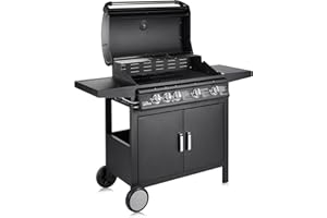 Fire Mountain Everest Generation 2 5 Burner Gas BBQ with Side Burner, Outdoor Barbecue Grill, 4 Main + 1 Side Gas Jet, Lid with Built-in Thermometer, Family Sized Cooking Area