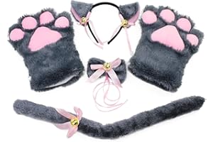 KEESIN Gatto Cosplay Set peluche artiglio guanti gatto gattino orecchie coda collare zampe carino adorabile costume per il set per bambini e adulti (Grigio)