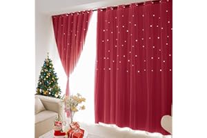 UNISTAR 2 Panels Stars Blackout and Sheer Curtains for Bedroom Girls Kids Baby Room, Double Layer Star Cut Out Living Room Christmas Window Decor Curtain, W52 x L84 Inches Long, Red