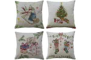 Hangood Christmas Cushion Covers Set of 4 pcs XMAS Design Home Decoration Throw Pillow Case Cover 18x18 inches 45cm x 45cm Vintae Snowman Tree