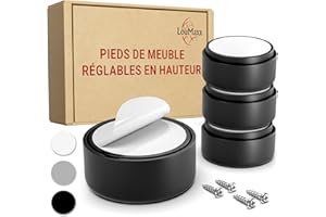LouMaxx Pieds de Meubles réglables en Hauteur – Pieds pour Meubles Ø 53,5 mm en Plastique – Rehausseur de Meubles de qualité supérieure à Coller ou à Visser – Lot de 4 Pieds coulissants Noirs