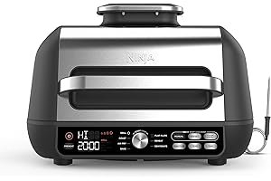 Ninja Foodi MAX PRO Health Grill, Flat Plate & Air Fryer 3.8L with Digital Cooking Probe, 7-in-1, Air Fry, Bake & more, Dishwasher Safe Parts, Cleaning Brush, Large Grill Plate, Silver/Black AG651UK