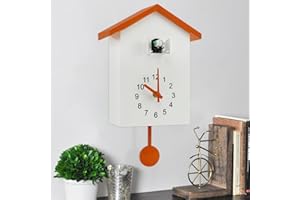 Fyeme Moderne Kuckucksuhr Wanduhr Kuckucksuhr mit Vogelstimme Moderne Kuckucksuhr mit Pendel 25 x 20 x 9 cm für Zuhause Wohnzimmer Küche Büro Dekor (orange+weiß)