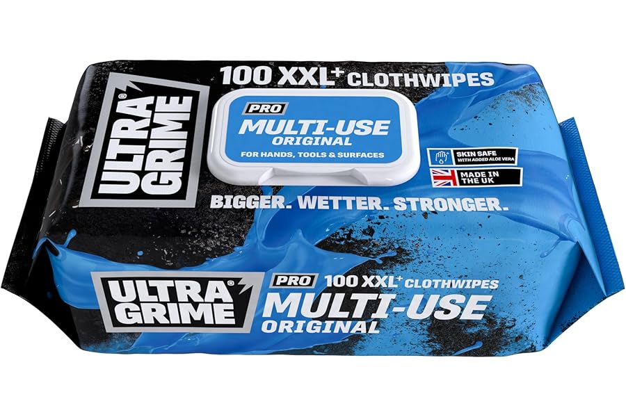 UltraGrime PRO Multiuse Wet Wipes - Heavy-Duty Cleaning Cloths & Hand Wipes Alcohol-Free - Grease, Tools, Industrial Surface Cleaning Wipes - Extra Large Professional Cloth Wipes (Pack of 100)