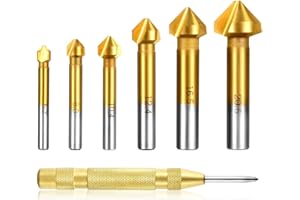 Estmoon 6 tlg 90° Kegelsenker Satz HSS Senker Set, Titan-Beschichtungen Ø 6,3-20,5 mm Senkbohrer mit 1 Pack Messing Automatische Center Bohrer Punch