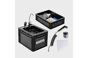 BOXIO - WASH Max+: Mobiles 40x30 Spülbecken Komplettset: Filter System + Campingdusche + Reinigungsperlen + Spiegel, Camping Waschbecken mit Pumpe ohne Strom, Camping Zubehör in Eurobox