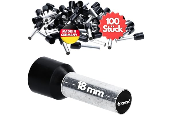 Kalitec 100x AE618SW Isolerade Trådändhylsor - 6,0 mm² x 18 mm - Svart | UL-certifierad ändhylsa i förtent koppar för AWG 10 kabel, kompatibel med klämkontakter och fördelare, 100-pack
