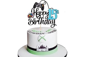 SYKYCTCY 1 Pack Video Game Happy 15th Birthday Cake Topper Glitter Video Game Cake Pick Game On Controllers Fifteenth Cheers to 15 Years Cake Decoration for Happy 15th Birthday Party Supplies Black