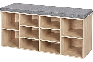 LZ LEISURE ZONE Leisure Zone Natural Wooden Shoe Bench Storage, Shoe Cabinet Rack Cupboard Organizer with Seat Cushion for Hallway, Size: W 104 x D 30 x H48 cm (10-Grids)