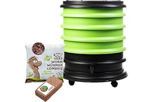 WORMbox | Wurmkomposter Wurmfarm Wurmkiste mit 4 Schalen Grün + 500g Kompostwürmer / 1000 STK + 1 Coco | 64 Liter | Regenwurmkomposter, Kompostwürmer produzieren Wurmhumus