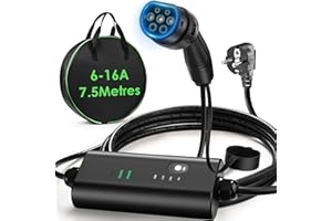 FNRIDS Cargador Coche Electrico, 7.5M Cargador EV Tipo 2, 6/10/13/16A Ajustable Cargador Coche Carga Rapida, IP65, IEC 62196-2, Cable Cargador de Coche Eléctrico Portátil con Schuko, y Bolso