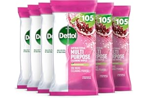 Dettol Antibacterial Multipurpose Cleaning Wipes, Pomegranate & Lime, 630 Wipes (105 x 6pck) Disinfectant, Biodegradable, 10X Cleaning power vs Water alone, Kills 99.9 Percent of Germs