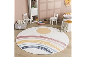 ‎TT HOME TT Home Babyzimmer Teppich Rund Kinderzimmer Waschbar Regenbogen Sonne, Farbe:Blau Gelb Pink, Größe:120 cm Rund