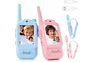 Barnens video walkie-talkie, 2-pack, med färgskärm och kamera, uppladdningsbara, för pojkar och flickor från 3 år, 200 meters räckvidd, perfekt för utomhusäventyr, camping och vandring.