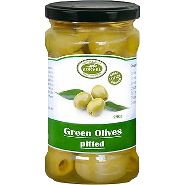 KORVEL Premium Green Pitted Chalkidiki Olives | Exceptional Appetizers, Essential Ingredient In Healthy Cuisine | Rich In Antioxidants And Fiber | Hand Picked Olives (290g / 10.2oz