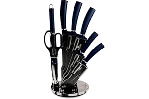 Berlinger Haus Aquamarine Juego Cuchillos Cocina Profesional 8 piezas, Acero Inoxidable Recubrimiento Antiadherente, Soporte Acrílico, Cocinero, Cebollero, Santoku, Chaira, Tijeras Diseño Metallic