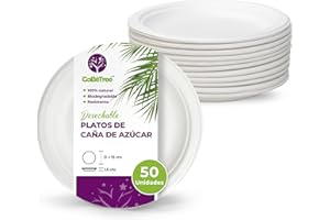 GoBeTree 50 platos desechables de caña de azúcar redondos de 15 cm blancos. Platos papel desechables extrafuertes, Para camping, picnic, fiestas, barbacoas, cumpleaños.