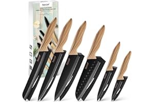 hecef Coffret Couteaux de Cuisine 6 Pièces avec Étuis - Acier Inox Ultra Tranchant, Manche Imitation Bois D’Olivier, Set de Couteaux Chef Professionnels, Antirouille