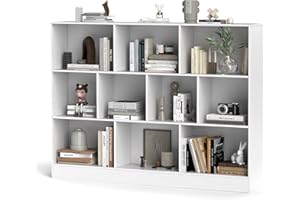 KOMFOTTEU Libreria Aperta con 10 Scomparti, Libreria a 3 Livelli con Dispositivo Antiribaltamento, Mobile di Stoccaggio, Scaffale per Soggiorno, Ufficio (Bianco, 140 x 24 x 104 cm)