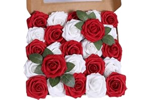 ANCOKIG Lot de 25 Roses artificielles en Mousse au Toucher réaliste pour décoration de Mariage, Demoiselle d'honneur, Bouquets de Table, décoration de fête, décoration de Maison (Rouge Blanc,25 pièces )