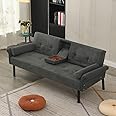 Panana Simple Fabric 3 Seater Click Clack Sofa Bed RECLINER Couch with Cups Holder and Armrest Metal Legs, Free Bolster Pillows, Grey Linen Fabric