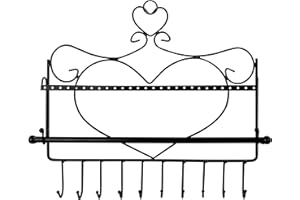 BELLE VOUS Porte Bijoux Mural Métallique en Forme de Cœur - L 34 x H 31 cm - 28 Trous, 12 Crochets & Barre Amovible - Présentoir Bijoux pour Suspendre Collier, Boucle d’Oreille, Bracelet et Bague