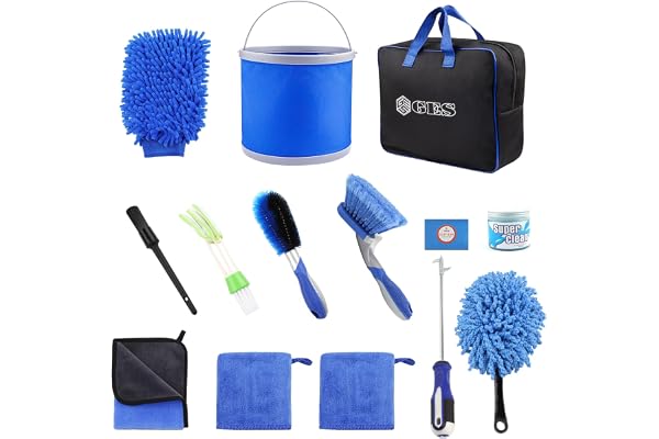 Kit de nettoyage de voiture avec sac de rangement, 13 produits de lavage de voiture à l'intérieur et à l'extérieur, seau pliable, brosse de roue à manche court, gants de lavage en microfibre (bleu)