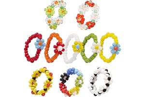 PWSAP 10PCS Colorful Daisy Flower Rainbow Beads Rings for Women, Cute Handmade Rice Bead Rings with Elastic, Adjustable Boho Stacking Jewelry, Birthday Wedding Party Hypoallergenic Gift for Women Girls