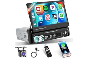 Hikity Autoradio 1 Din Carplay sans Fil écran Tactile Retractable, Poste Radio Voiture Bluetooth Android Auto Wireless Ecran Voiture 7 Pouces avec Mirror Link USB AUX Type-C Caméra de Recul