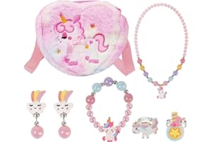 OSDUE torba jednorożec zabawka biżuteria dla dzieci, mała dziewczęca torebka pluszowa naszyjnik, bransoletka, kolczyki, pierścionki, zestaw biżuterii, prezent dla dziewczynki 2 3 4 5 6 7 lat, Torba z