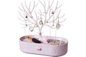penobon Arbre Présentoir à Bijoux, Support Arbre Bijoux en Plastique avec Tiroirs, Porte Bijoux pour Boucles d'Oreilles, Colliers, Bracelets, Montres et Bagues (Rose)