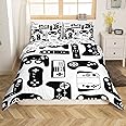Kids Game Room Decor Bedding Set Single,Boys Man Gamer Duvet Cover,Child Gamepad Comforter Cover Girls Pixel Vintage Videogame Controller Design,Bedroom with 1 Pillow Shams Buttons,Black White