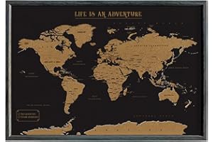 Splosh Travel Map - XL Desk World Map Pin Board in Black, Wooden Frame. World Map Cork Board with 100 Pins in 2 Colours to Mark Your Past and Future Adventures Framed World Maps for Desks.