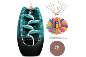 Anbar Backflow Incense Burner with 120 Cones, 30 Sticks, Tongs, and Table Mat, Natural Aromatherapy with Ceramic Smoke Waterfall, Supports Meditation and Relaxation, Home Decor (Blue)