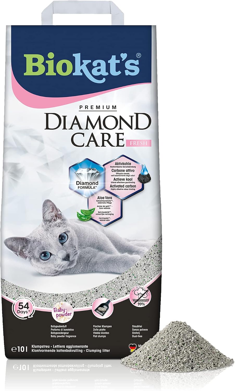 Biokat's Diamond Care Fresh Katzenstreu mit Babypuder-Duft - Feine Klumpstreu aus Bentonit mit Aktivkohle und Aloe Vera - 1 Sack (1 x 10 L)