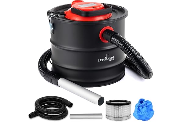 LEHMANN Aspirateur à Cendres 15L, Aspirateur Cheminée pour Haute Température, Réservoir Robuste, Filtre HEPA avec Panier Métallique, Fonction Soufflage, Nettoyage Cheminées et Pellets