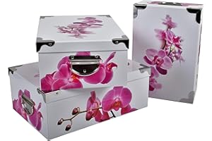 2.J. Orchidée Lot De 3 Boites de Rangement en Carton Imprimé Orchidée avec Angles et Poignées en Métal. Tailles : 31.5x22x12, 33.5x23x13, 36x25x13.5 cm