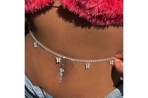 Atentuyi Cz Butterfly Waist Chain Silver Crystal Belly Chain Nightclub Rhinestone Body Chain Summer Beach Harness Sexy Bikini Boho Pendant Tassel Waist Jewelry Accessories for Women and Girls